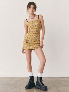 VTG Y2K 90s Urban Outfitters Woman Yellow Plaid Spaghetti Strap Mini Dress